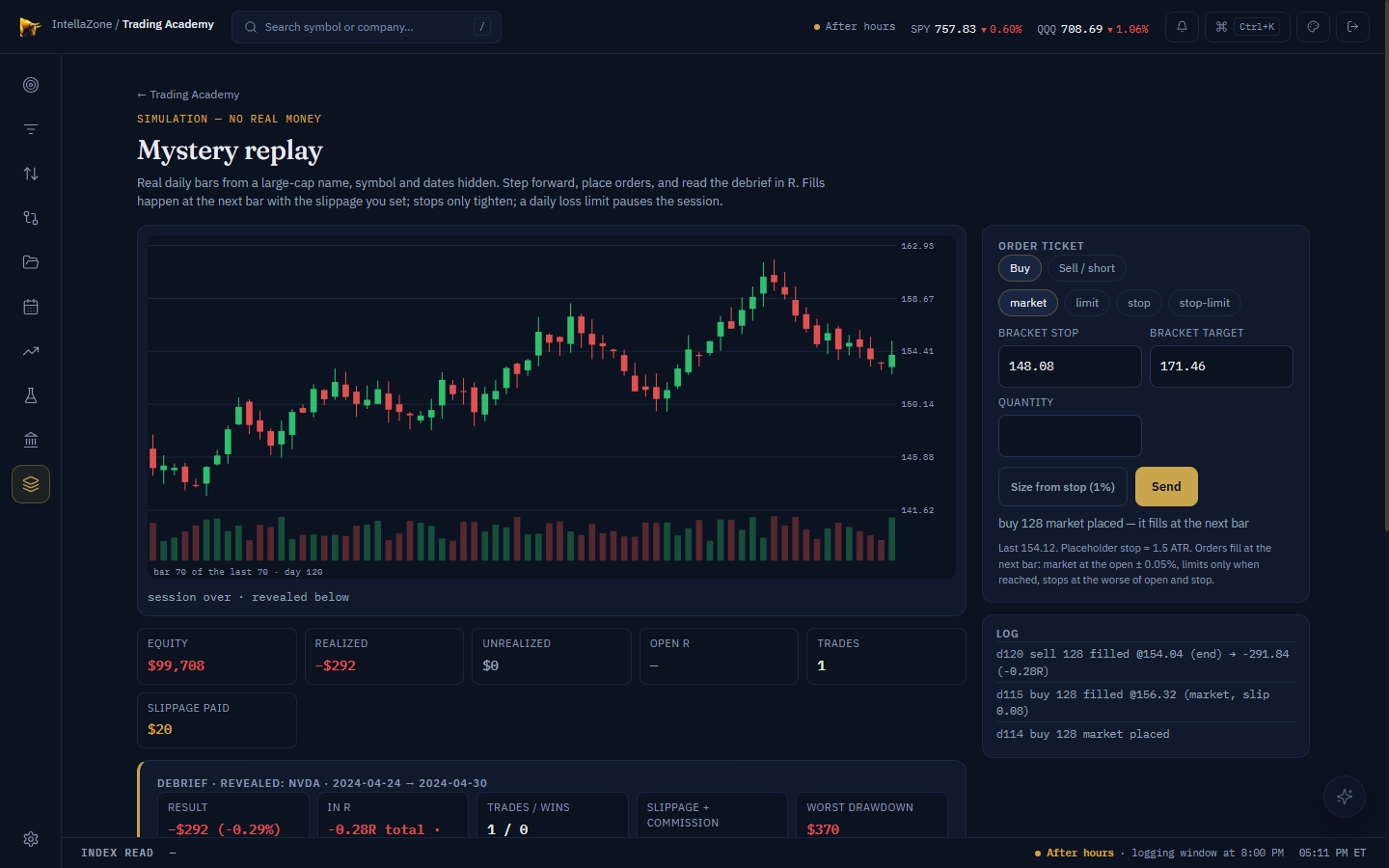 Learn it properly: a screenshot of the academy's simulator with sample data